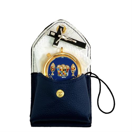 PORTA TECA VERA PELLE BLU CON TECA PANI E PESCI