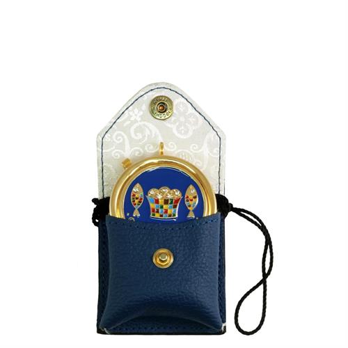 GENUINE BLUE LEATHER CASE WITH DECORATIVE PLAQUE PYX