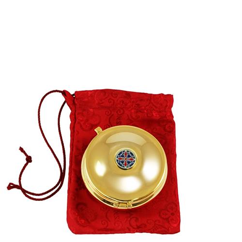 RED SATIN CASE WITH GOLD PLATED PYX AND CROSS STYLE PLAQUE PYX