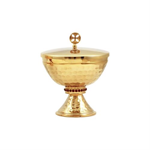 GOLD PLATED CIBORIUM  WITH HAMMERING AND RED STONES