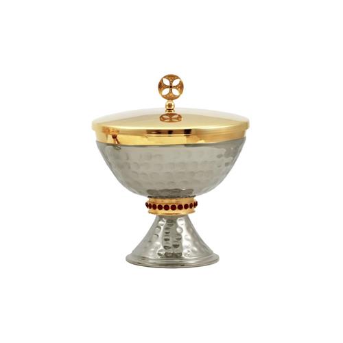 TWO-TONE CIBORIUM WITH HAMMERING AND RED STONES