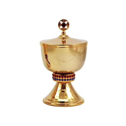GOLD PLATED TRAVEL CIBORIUM  WITH HAMMERING AND STONES