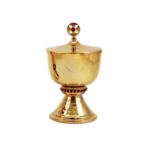 GOLD PLATED CIBORIUM  WITH HAMMERING AND RED STONES
