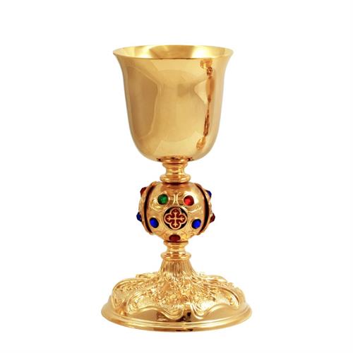 GOLD PLATED CHALICE  WITH BAROQUE ENAMELED KNOT AND STONES