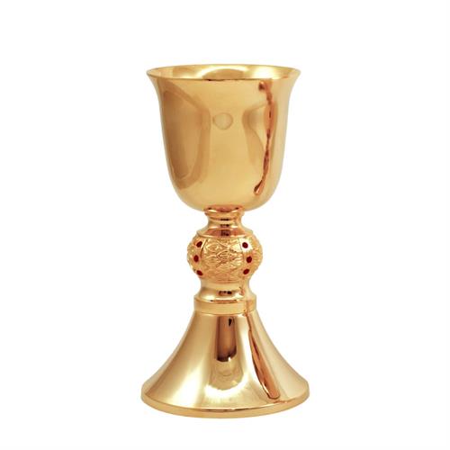 GOLD PLATED CHALICE  AND KNOT DECORATED WITH RED STONES