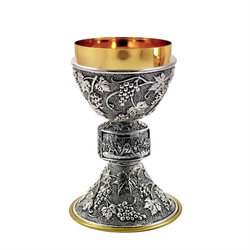ANTIQUE SILVER GRAPES AND VINE CHALICE  WITH LAST SUPPER KNOT