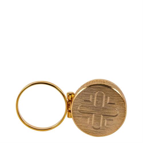 GOLD PLATED HOLY OIL STOCK WITH RING ENGRAVED CROSS ON THE LID