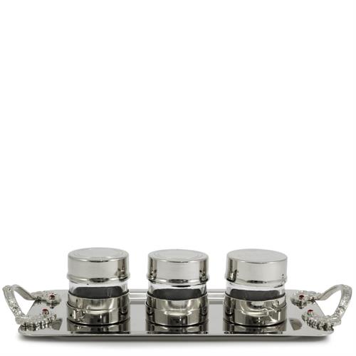 SET OF 3 HOLY OILS STOCK WITH SILVER TONE TRAY