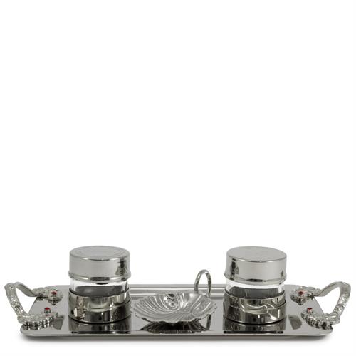 SILVER TONE BAPTISM SET PLATE WITH HANDLES