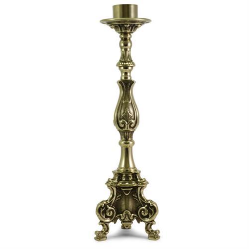 CANDELIERE DA ALTARE STILE ROCOCO' IN OTTONE BRUNITO 22 cm.