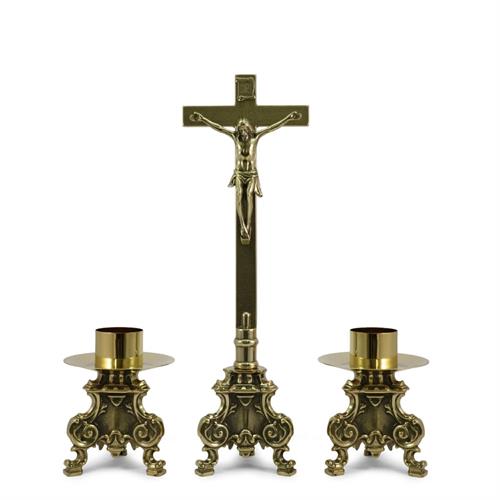 CROSS + 2 ANTIQUE BRASS CANDLESTICKS