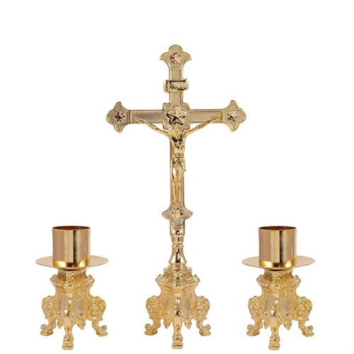 DOUBLE CROSS + 2 GOLD PLATED CANDLESTICKS