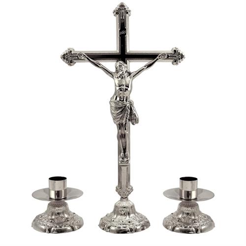 CROCE + 2 CANDELIERI TONO ARGENTO