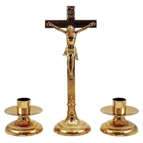 SET ALTARE CROCE + 2 CANDELIERI DORATI