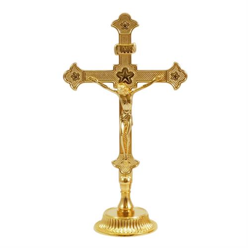 CROCE DORATA SU BASE CON RIGATURE H. 27 CM.