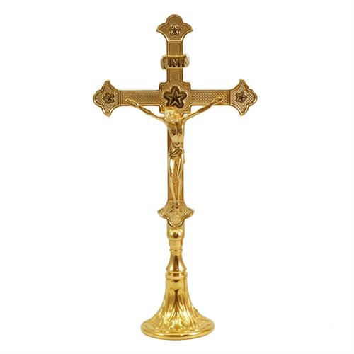 GOLD PLATED CROSS ON DECORATED BASE H. 29.5 CM.