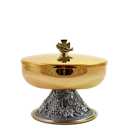 GOLD PLATED BOWL CIBORIUM WITH GRAPE BASE IN ANTIQUE SILVER