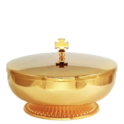 PISSIDE IN OTTONE DORATO CON BASE Ø 14 CM.