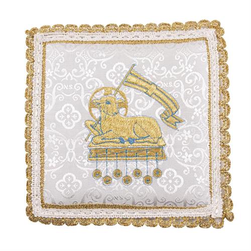 PALLA PER CALICE 15 X 15     CM RASO BIANCO CON RICAMO AGNELLO