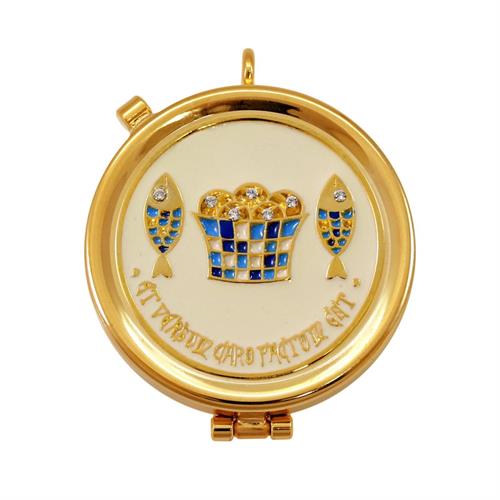 GOLD PLATED PYX  LOAVES AND FISHES WHITE ENAMEL