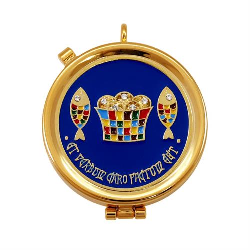 GOLD PLATED PYX  LOAVES AND FISHES BLUE ENAMEL