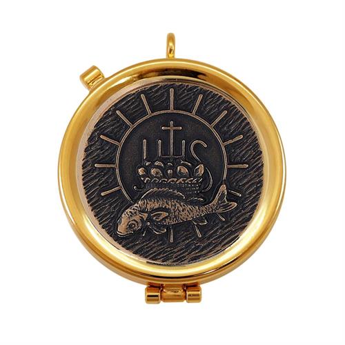 GOLD PLATED PYX IHS  ANCIENT BRONZE IHS AND FISH