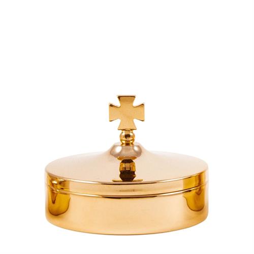 SCATOLA PORTA OSTIE IN OTTONE DORATO DM 8x2.5cm. C/CROCE