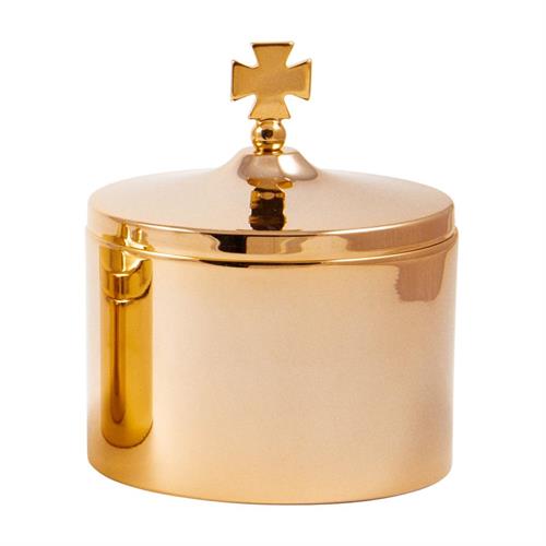 SCATOLA PORTA OSTIE IN OTTONE DORATO CON CROCE Ø8 x 6,5 cm.