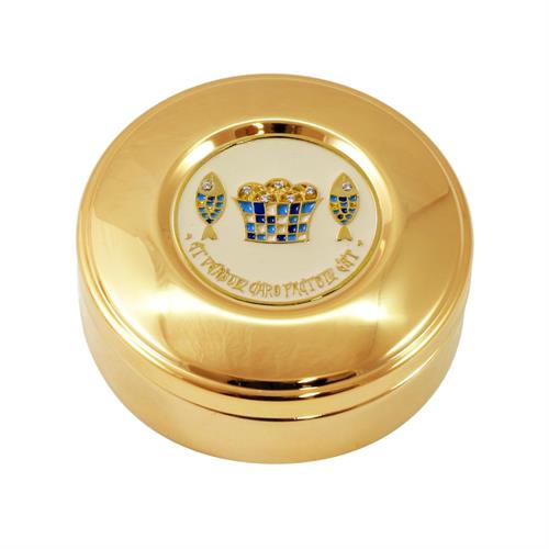 GOLD PLATED HOST BOX  LOAVES AND FISHES WHITE ENAMEL Ø8