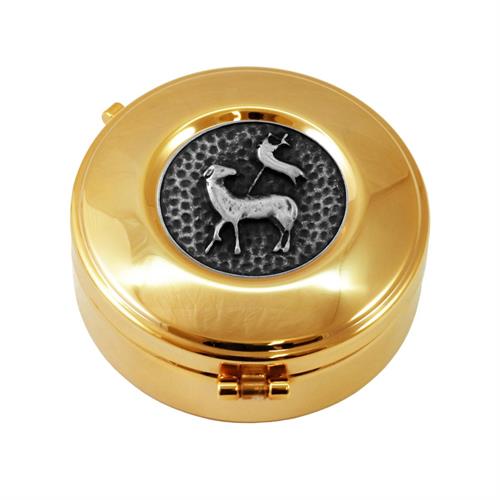 GOLD PLATED HOST BOX LAMB OF PEACE ANTIQUE SILVER STYLE Ø8