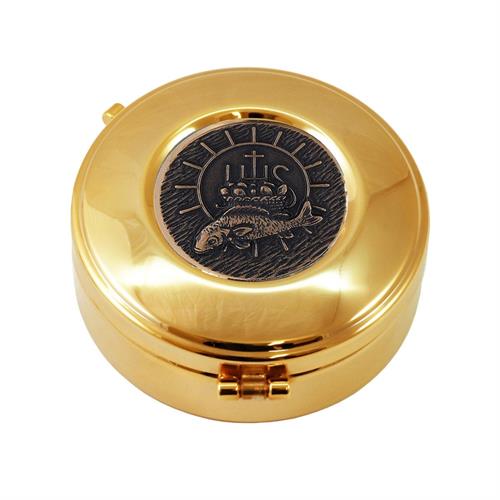 GOLD PLATED HOST BOX IHS  ANCIENT BRONZE IHS AND FISH Ø8