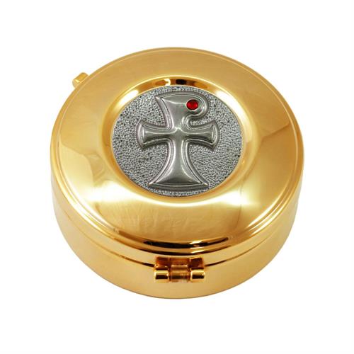 GOLD PLATED HOST BOX  TAU CROSS AND RED STONE STYLE Ø9