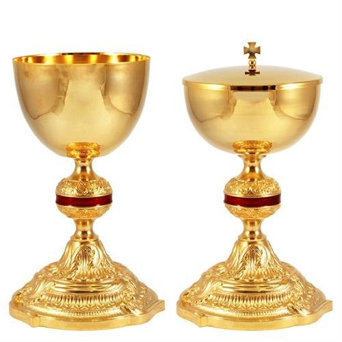 CHALICE AND CIBORIUM FOR CONCELEBRATION WITH ENAMELED KNOP