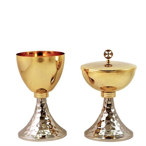 GOLD PLATED CHALICE AND CIBORIUM WITH TWO-TONE HAMMERED BASE