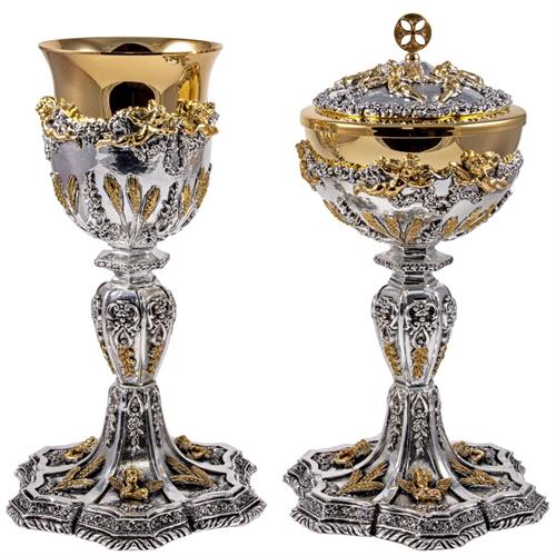 BAROQUE CHALICE AND CIBORIUM WITH GOLD PLATED ANGELS
