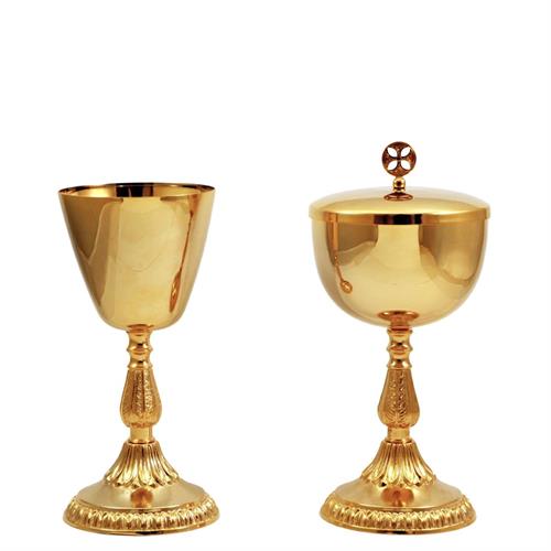 GOLD PLATED CHALICE AND CIBORIUM WITH DECORATED BASE