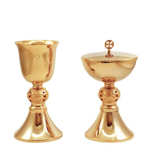 GOLD PLATED CHALICE AND CIBORIUM AND KNOP WITH RED STONES
