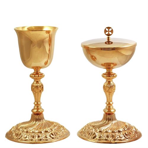 GOLD PLATED CHALICE AND CIBORIUM WITH SHELL-STYLE BASE