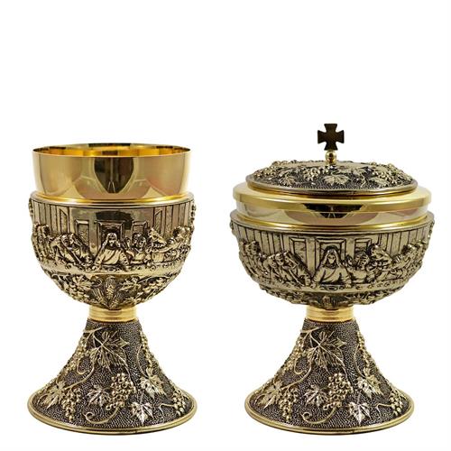 LAST SUPPER CHALICE AND CIBORIUM IN BURNISHED GOLD