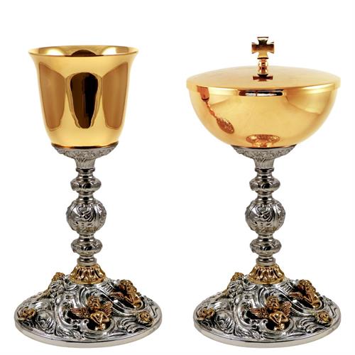 CHALICE AND CIBORIUM WITH GOLD PLATED ANGELS ON SILVERTONE BASE