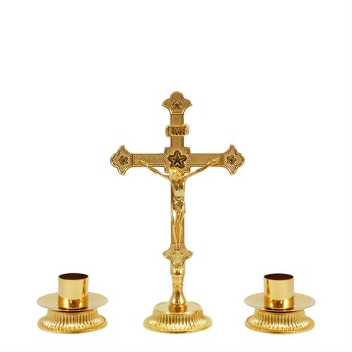 ALTAR CROSS AND CANDLESTICKS ON A LINED BASE h. 27 cm.