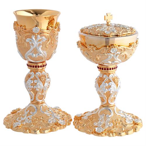 GOLD PLATED CHALICE AND CIBORIUM TWO-TONE BAROQUE DECORATION