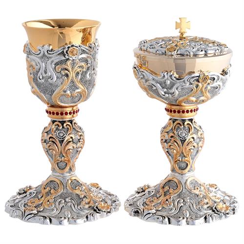 GOLD PLATED CHALICE AND CIBORIUM TWO-TONE BAROQUE DECORATION