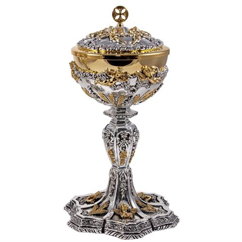 SILVER-PLATED BAROQUE CIBORIUM WITH GOLD PLATED ANGELS