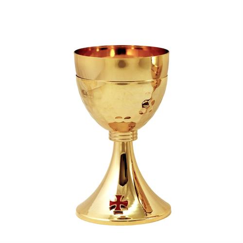 CALICE DORATO CON SOTTOCOPPA MARTELLATA E CROCE SMALTATA
