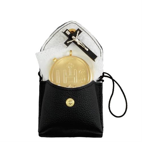 BLACK LEATHER PYX CASE WITH IHS PYX, CROSS AND LINEN