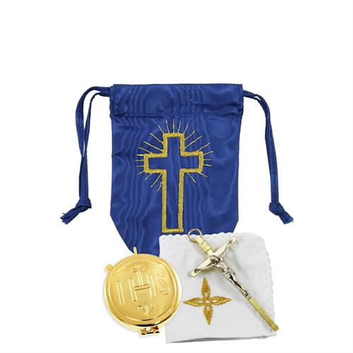 BLUE SATIN EMBROIDERED BAG WITH IHS PYX