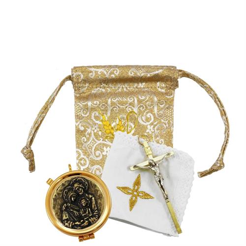 EMBROIDERED GOLDEN SATIN CASE WITH DECORATIVE PLAQUE PYX