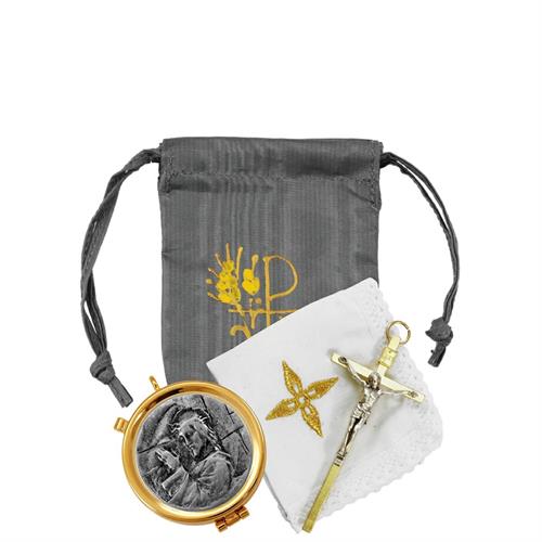 EMBROIDERED GREY SATIN CASE WITH DECORATIVE PLAQUE PYX