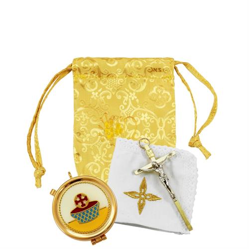 YELLOW SATIN EMBROIDERED CASE WITH DECORATIVE PLAQUE PYX
